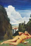 Richard Müller, Liegender weiblicher Akt in Landschaft, mit Lyra und Notenblatt