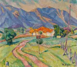 Hermann Mühlen, Landschaft mit Bergkette, 1919, Oil on canvas