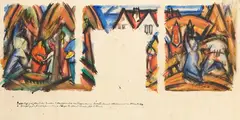 Ernst Müller-Gräfe, 2 Blätter: Menschen in der Arbeit - Getreideernte und Obsternte, 1919, Gouache