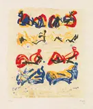 Henry Moore, Acht liegende Figuren in Gelb, Rot und Blau, 1966, Lithograph in colours