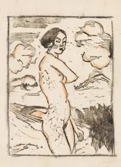 Georg Tappert, Stehender weiblicher Akt in Landschaft, 1916, Woodcut