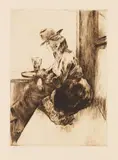 Lesser Ury, Dame im Kaffee mit aufgestütztem Arm vor leerem Glas, 1919, Etching