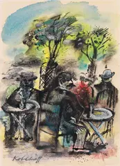 Walter Kohlhoff, Cafészene unter Bäumen, 1920, Pen and India ink drawing