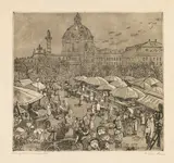 Oskar Laske, Der alte Naschmarkt Wien, 1920, Etching
