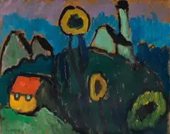 Gabriele Münter, Landschaft mit Sonnenblumen, 1910, Oil on cardboard