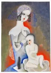 Mutter mit Kind und Katze by Béla Kádár, 1930, Gouache, sold Jun 2010