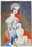 Béla Kádár, Mutter mit Kind und Katze, 1930, Gouache
