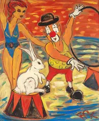 Show-highlight - the clown and his trained rabbit by Felix Samuel Pfefferkorn, 1970, Acrylic on fibreboard, sold Apr 2010