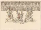 Piazza San Marco mit akrobatischen Karnevalsfiguren by Paul Flora, 1987, Pen and India ink drawing, sold Apr 2010