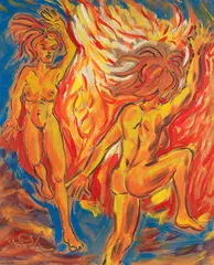 Walpurgisnacht - dancing around the fireplace by Felix Samuel Pfefferkorn, 1978, Acrylic on fibreboard, sold Apr 2010