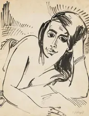 Max Pechstein, Mädchen mit aufgestütztem Kopf, 1918, Brush and India ink drawing