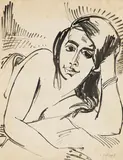 Max Pechstein, Mädchen mit aufgestütztem Kopf, 1918, Brush and India ink drawing