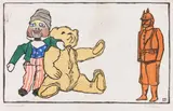 Gabriele Münter, Onkel Sam und Gesellschaft, 1908, Linocut in colours