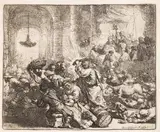 Christus, die Händler aus dem Tempel treibend by Rembrandt Harmensz van Rijn, 1635, Etching, sold Apr 2010