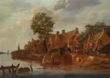 Klaes Molenaer, Umkreis - Niederländisches Dorf an einem Fluss, Oil on panel