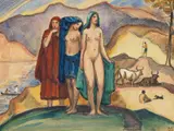 Ludwig von Hofmann, Drei Frauen auf einer Anhöhe in hügeliger Landschaft