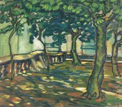 Waldemar Flaig, Beschatteter Platz (Kastanienbäume), 1927, Oil