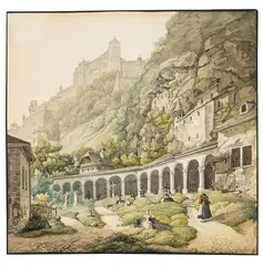 Franz Barbarini, Der Petersfriedhof in Salzburg mit Blick auf die Feste, Watercolour