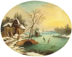 Hendrik Spilman, Schlittschuhläufer in winterlicher Landschaft, 1780, Oil on panel