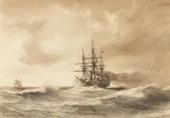Anton Melbye, Dreimastiger Dampfsegler, 1855, Chalk drawing