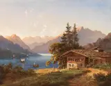 Pieter Francis Peters, Bauernhaus an einem Gebirgssee, Oil on canvas