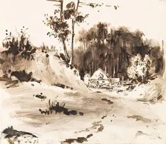 Georg Höhn, Offene Landschaft mit Gehöft, 1833, Brush and ink drawing