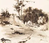 Georg Höhn, Offene Landschaft mit Gehöft, 1833, Brush and ink drawing