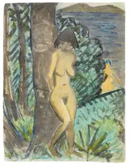 Otto Mueller, Stehender weiblicher Akt, an einen Baum gelehnt, rechts mit Blick auf einen Teich und einer weiteren Badenden, 1928, Watercolour