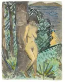 Otto Mueller, Stehender weiblicher Akt, an einen Baum gelehnt, rechts mit Blick auf einen Teich und einer weiteren Badenden, 1928, Watercolour
