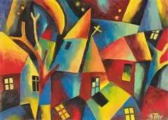 Arnold Topp, Nächtliche Stadt, 1918, Oil on cardboard