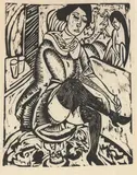 Frau, Schuh zuknöpfend by Ernst Ludwig Kirchner, 1912, Holzschnitt auf beigefarbenem "Van Gelder Zonen"-Bütten, sold Dec 2009