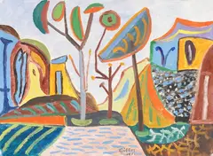 Werner Gilles, Landschaft mit drei Bäumen, 1955, Mixed media