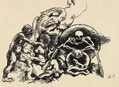 Wilhelm Morgner, Adam, Eva mit Tod und Teufel I, 1914, Pen and India ink drawing