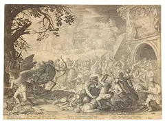 David Vinckboons, Nach - Mensch und Tier im Kampf mit Chronos und dem Tod, 1610, Engraving