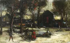 Guy Cambier, Landschaft mit vier Personen, 1950, Oil on canvas