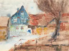 Emil Nolde, Blauer Hausgiebel und Baum, 1908, Watercolor