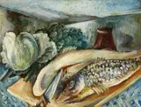 Paul Kleinschmidt, Stillleben mit Fischen und Kohl, 1921, Oil