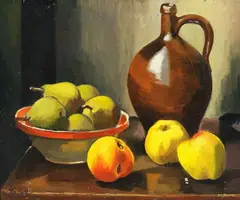 Georg Breitwieser, Stillleben mit Äpfeln, Birnen und Krug, 1934, Oil on canvas