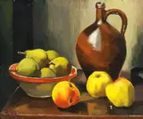 Georg Breitwieser, Stillleben mit Äpfeln, Birnen und Krug, 1934, Oil on canvas
