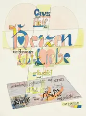 Johannes Itten, Spruch "Gruß und Heil dem Herzen", 1921, Lithograph in colors