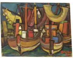 Rudolf Bredow, Fischkutter im Hafen, 1965, Oil on burlap