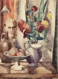 Georg Breitwieser, Stillleben mit Blumenvase und Obstschale, 1932, Watercolor