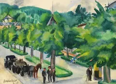 Georg Breitwieser, Allee mit Pferdekutschen, 1926, Watercolor