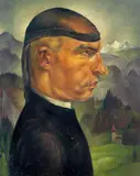 Albert Birkle, Selbstbildnis mit der Frisierhaube, 1923, Öl auf Karton, auf Karton aufgezogen