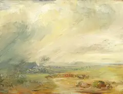 Wilhelm Busch, Große Gewitterlandschaft mit Bauernhaus, Kühen und Flusslauf, 1870, Oil on panel