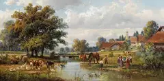 Hubert Kaplan, Ländliches Idyll an einem Flusslauf, Oil on canvas