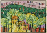 The rain falls far from us by Friedensreich Hundertwasser, 1972, Woodcut in colours, sold Apr 2009