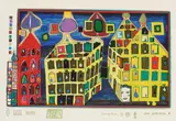 Mit der Liebe warten tut weh, wenn die Liebe woanders ist by Friedensreich Hundertwasser, 1971/1972, Farbserigrafie, teilweise phosphoreszierend, und Metallprägungen auf SCHOELLER STERN (Trockenstempel), sold Apr 2009