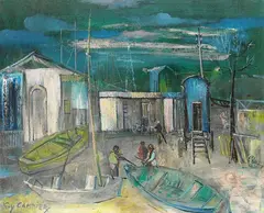 Guy Cambier, Chantier aux barques, 1960, Oil on canvas