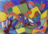 Adolf Hölzel, Landschaft mit Figuren (Anbetung), Pastel